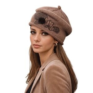 CC Exclusives Vintage Knit Beret Hat Women Brown Flower Detail Accent